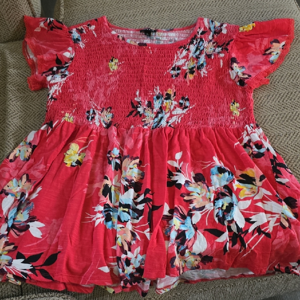 Torrid Red and Black Floral Blouse with Ruffled Details